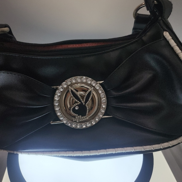 Vintage Iconic Playboy Bunny Black Leather Rhinestone Spinner Shoulder Bag Y2K - Picture 3 of 6